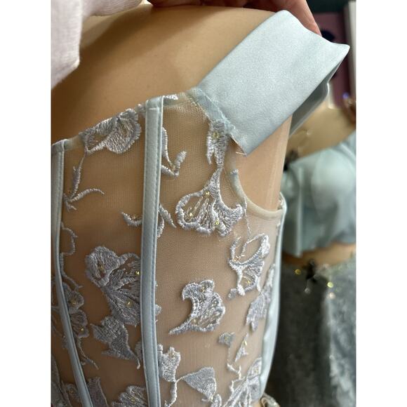 Ellie Wilde by Mon Cheri 2 pc Prom Dress Set Cropped Blue Lace Shimmer M - Picture 11 of 12